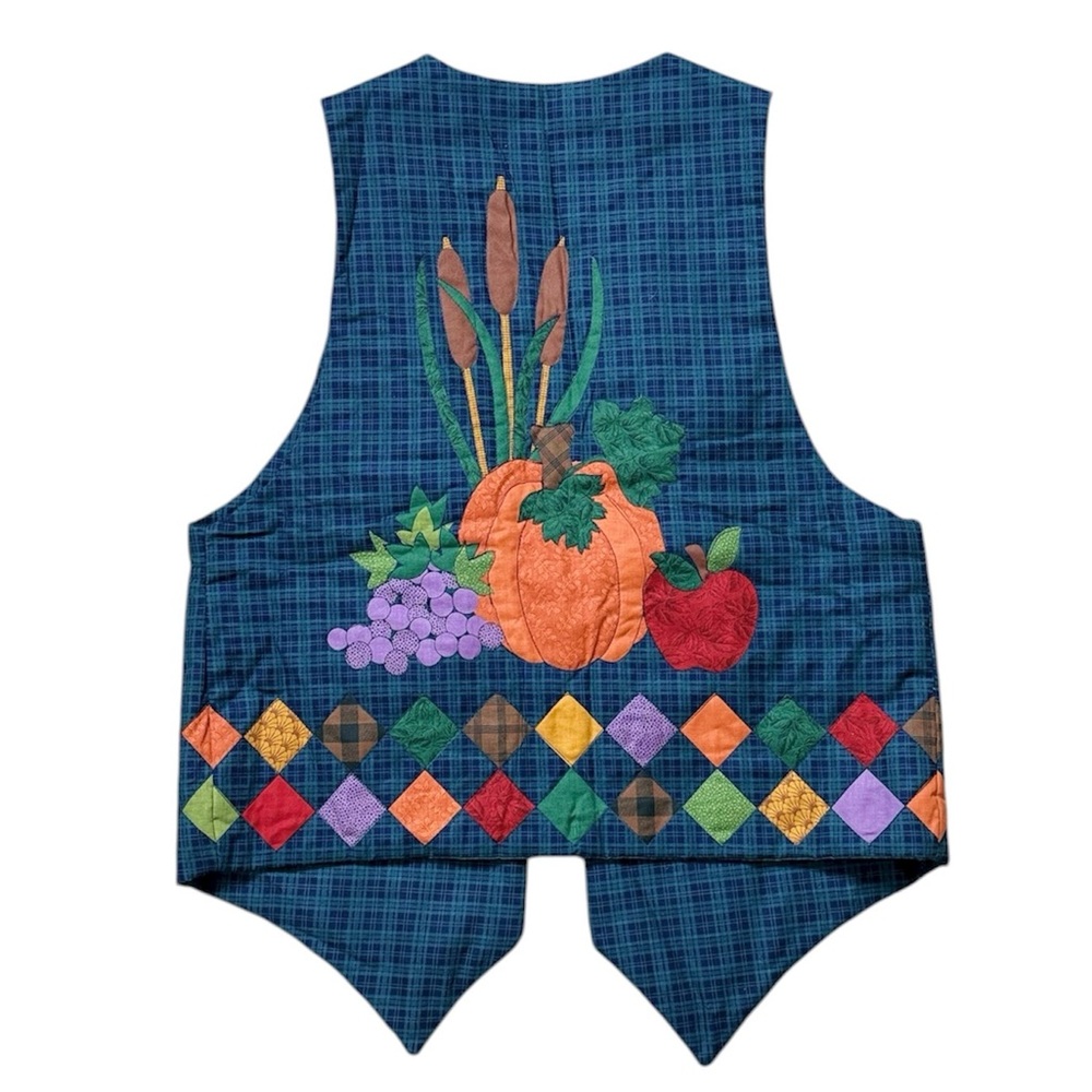 Handmade Vest Autumn Fall Embroidered Quilted Plaid Pumpkin Leaves 90’s M Medium